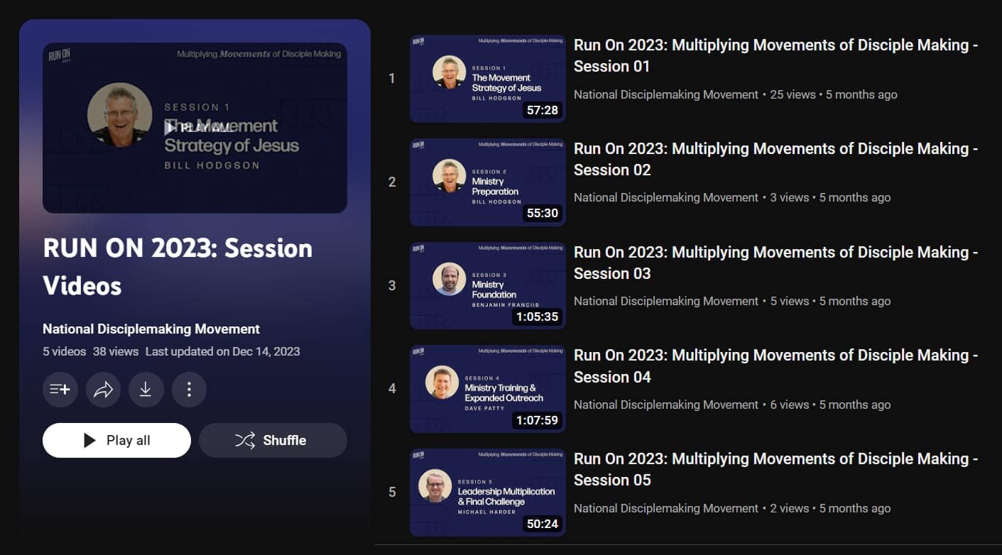 Screenshot of a video platform interface showing a playlist of bill hodgson's presentations from the 'run on 2023: national disciplinemaking movements' series, with video thumbnails and timestamps.