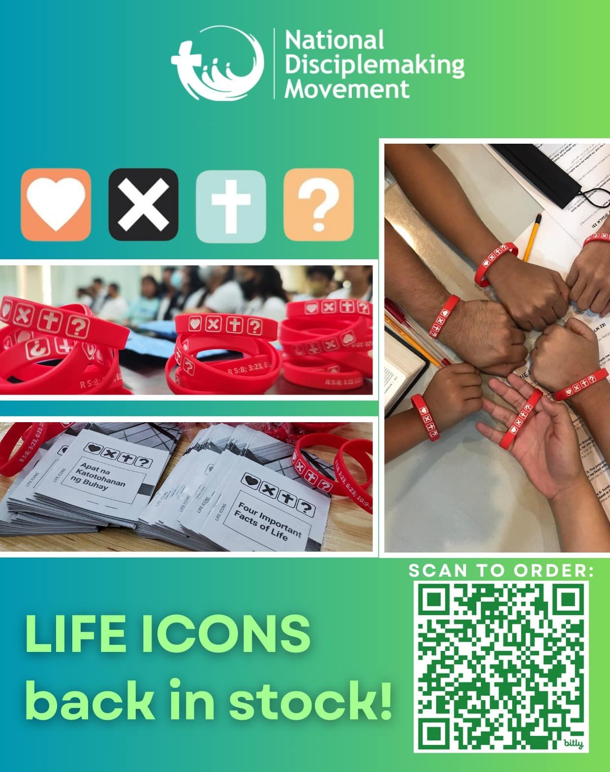 Promotional image for national disciplemaking movement featuring red bracelets, informational brochures, and a qr code highlighting "life icons" back in stock.